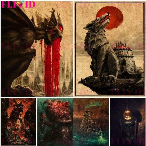 Baphomet Devil And Christmas Tree Wall Painting Man Eating Dragons And Stone Wolves Poster And Print Retro Halloween Posters