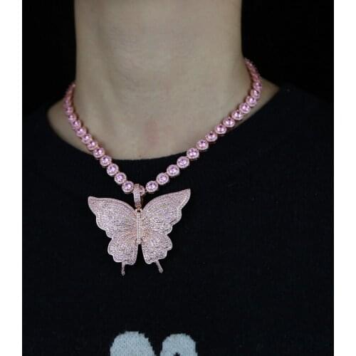 New Fashion Iced out sparking bling cz pink pinky tennis chain choker jewelry With Rose Butterfly pendant hip hop cool necklace