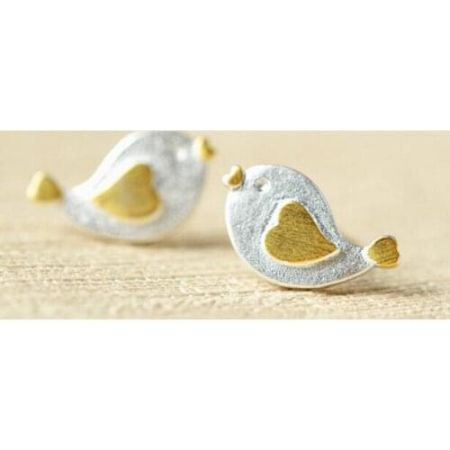 Personality Cute Animal 925 Sterling Silver Jewelry Brushed Bird Heart-shaped Stud Earrings Wholesale SE20