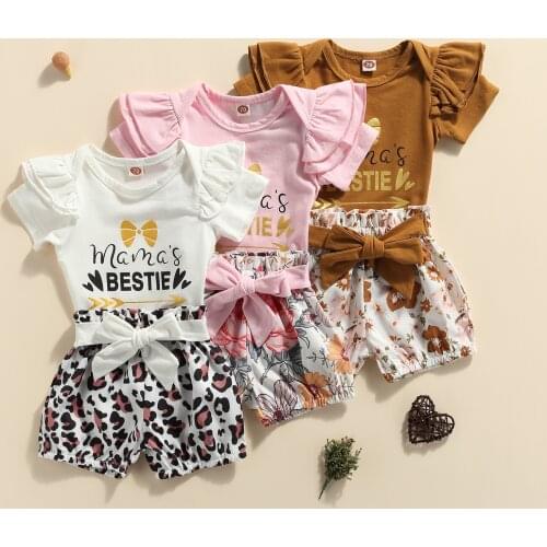 Baby Girls 2PCS Summer Outfits, Short Sleeve Letter Print Bodysuit + Belted Shorts Set