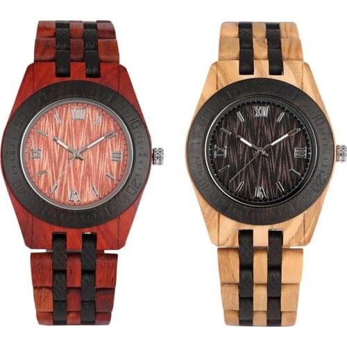 Mens Watch Quartz Wooden Watch Large Roman Numerals Dial with Luminous Pointers Wooden Wristwatch