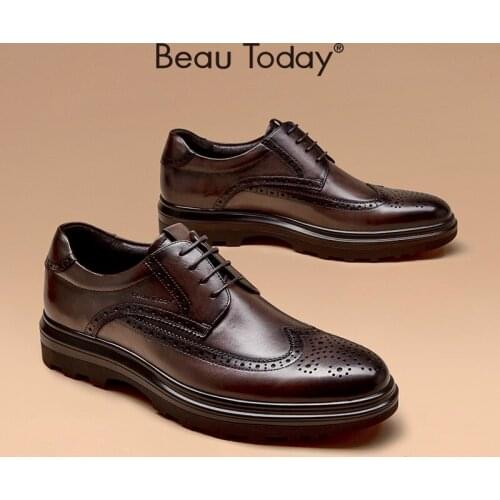 Men Dress Shoes Genuine Cow Leather Waxing Round Toe Lace-Up Wingtip Brogue Shoes Wedding Shoes for Men Handmade BeauToday 55501