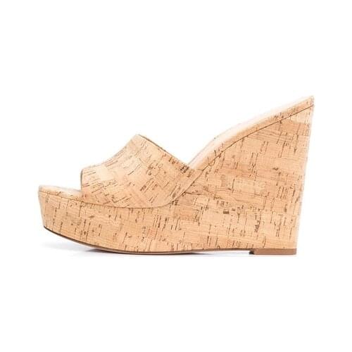 Fashionable large size cork wood platform high heels mules for women open toe summer causal sandals beach slippers Sandalias