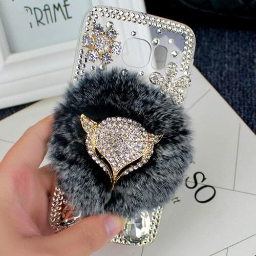 3D Luxury Bling Diamond Rabbit Fur Flower Case Gold Fox Head Phone Case For Samsung A3 A5 A7 2017 A9 A8 A6 PLUS A50 A70 A80 M10
