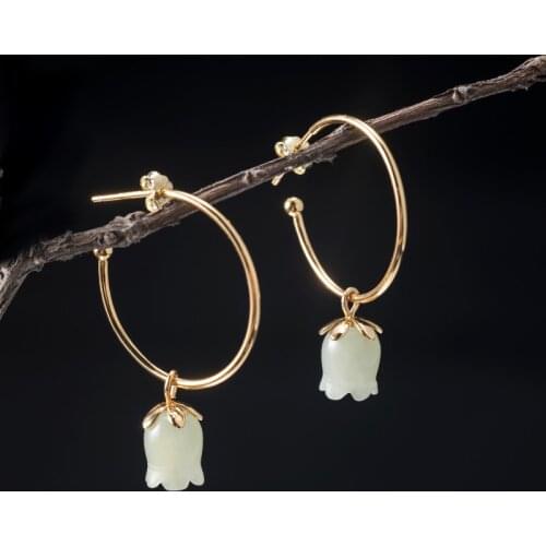 VLA 925 Sterling Silver Creative Fashion Design National Cymbidium Earrings Womens Nephrite Flower Earrings Jewelry