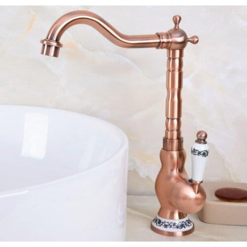 Swivel Spout Antique Red Copper Bathroom Faucet Deck Mounted Single Handle Cold and Hot Water Taps Basin / Sink Faucets lnf638