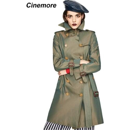 Cinemore 2021 New Spring Autumn Womens Trench Coat Top Long Classic Fashion Double Breasted Belt Lapel Collar Waterproof YA7001