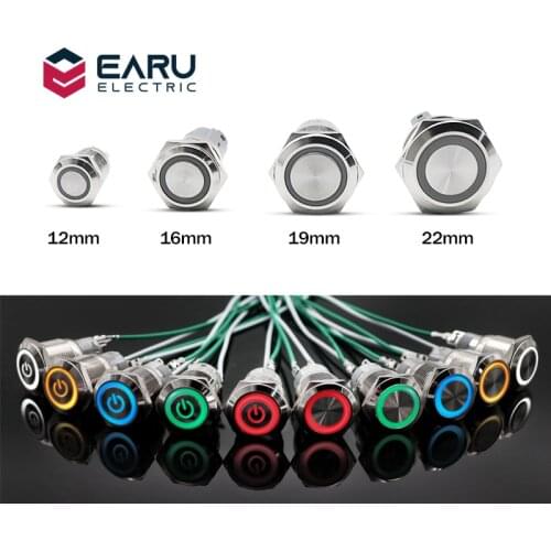 12/16/19/22mm Waterproof Metal Push Button Switch Latching Momentary LED Light Car Engine Power Switch 5V 12V 24V 220V Red Blue