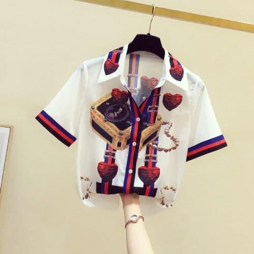 2020 Summer New Retro Print Blouse Women Lapel Shirt Woman Short Sleeve Shirt Tops Office Ladies All-match Blouuse Blusas A3235