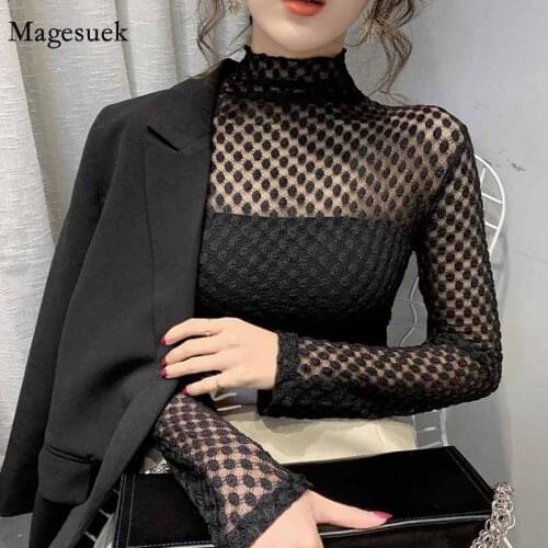 Sexy Lace Autumn and Winter 2020 Bottoming Shirt Women Turtleneck Lace Blouse New Dot Mesh Tops High Elasticity Shirt 11437