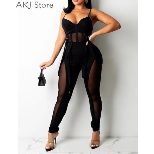 Women Sexy Solid Color Spaghetti Strap Backless Sheer Mesh Patchwork Jumpsuit