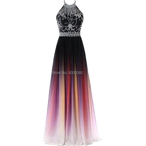 2019 Sexy Halter Neck A-line Gradient Color Prom Dresses Beaded Sheer Neck Lace Up Pluning Back Design Women Evening Dress Waist