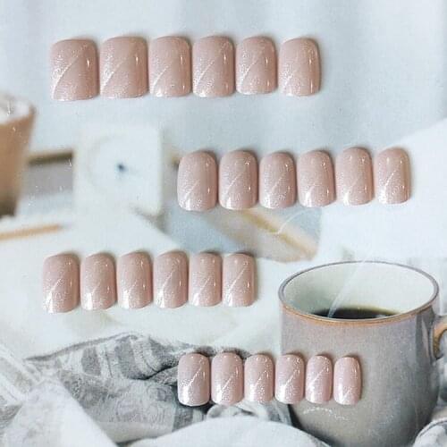 24pcs Pink Fake Nails stickers Nude Cat Eye Decoration Glue Type Short Paragraph Nail Patch Fashion Manicure Removable Nail Art