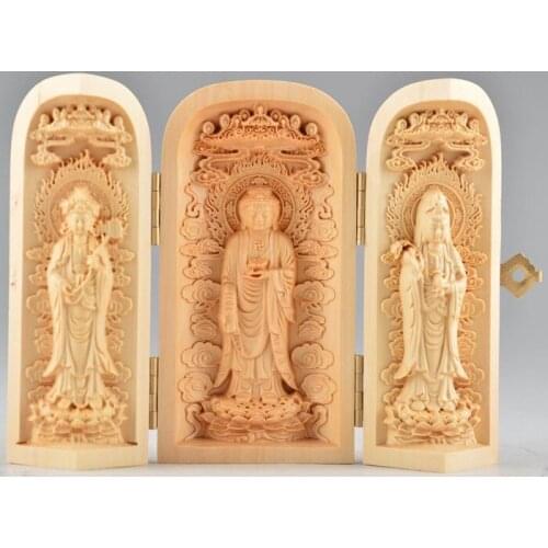 Free shipping Superb Boxwood Buddha Kwan-yin Statue Hand High Difficult Sculpture Amulet Box