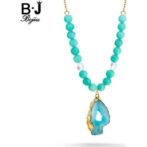 BOJIU Long Necklace Natural Stone Trendy Girl Bohemia New Fashion Aqua Druzy Pendant Necklaces Clothes Decorations NKS044