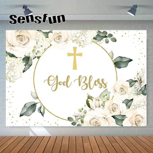 Sensfun Flowers Cross God Bless Photography Backgrounds Girls Baptism First Comunion Backdrop For Photo Studio Custom Photocall