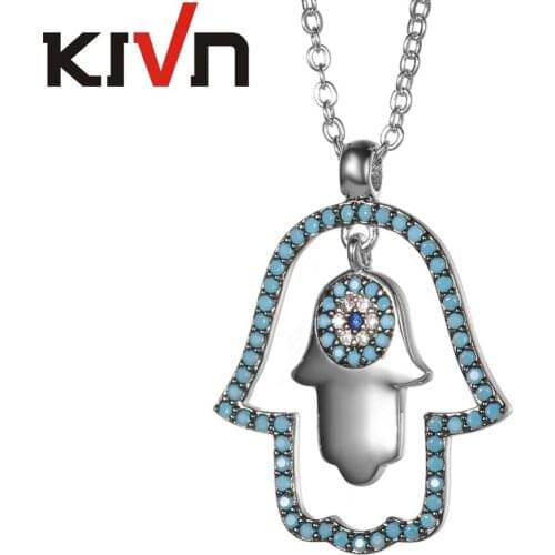 KIVN Jewelry CZ Cubic Zirconia Hamsa Blue eye Womens Girls Bridal Wedding Pendants Necklaces Birthday Gifts 10pcs Lot Wholesale