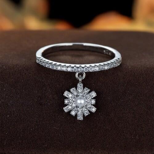 White Gold Snowflake Pearl Ring for Women Teens Cute Dainty Zircon Thin Ring Stackable Wedding Promise Ring Christmas Party Gift