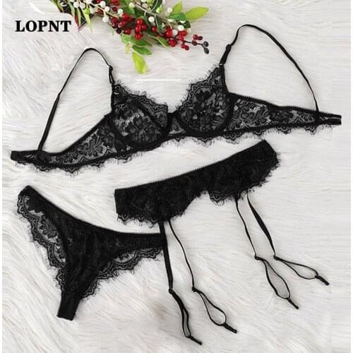 LOPNT New Womens Sexy Underwear Bra Set Wire free Brassiere+Garter+Underpants 3pcs Sexy Lingerie set Comfortable Lace Underwear