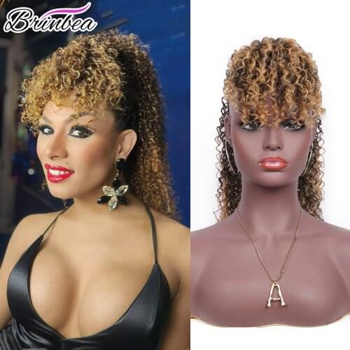 Brinbea 18'Kinky Curly Drawstring Ponytail with Curly Bangs Japan-made Synthetic Pieces Clip in Ponytail Extension for Women