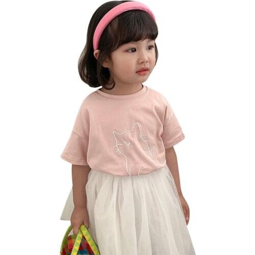 Girls Summer Round Neck Solid Color Cat T-shirt Toddler Girl Clothes 2021 Summer Boutique Outfits Baby Girl Fashion Clothes