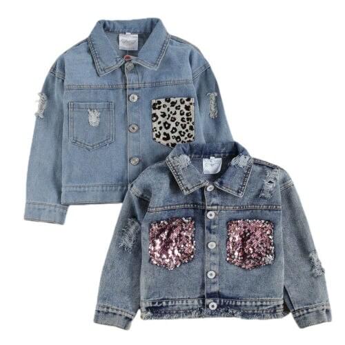 Lioraitiin 2-6Years Toddler Baby Girl Denim Jacket Leopard/Sequined Print Long Sleeve Single Breasted Blue Coats 2 Style