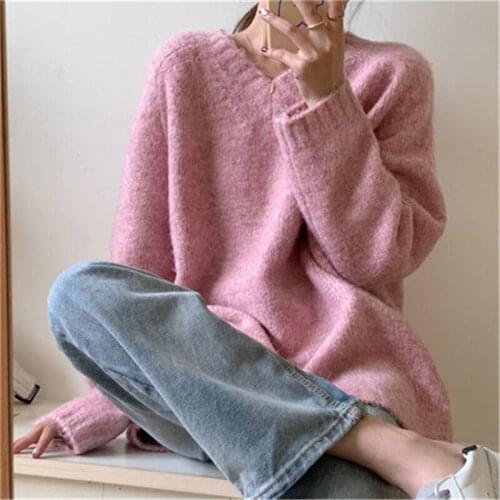 Fashion V-neck Knit Sweaters Pullover Women Minimalist Casual Loose Soft Pink Or Gray Soft Sweet Jumper Sweaters Female Top