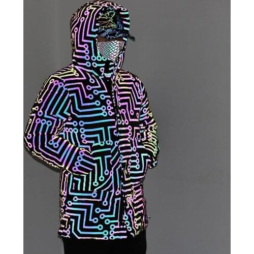 2021 Mens Circuit Pattern Printed Long Colorful Reflective Cotton-Padded Jacket