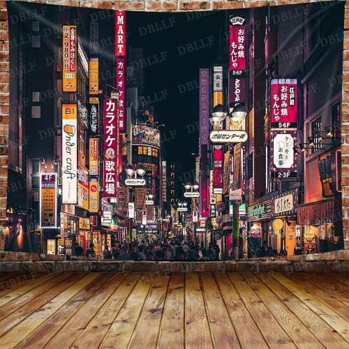 Japan Tokyo Street Night View Japanese Culture Tapestry Cityscape Art Wall Hanging For Living Room Bedroom Home Decor