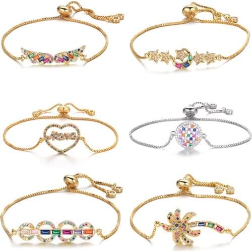 Neovivi Colorful CZ Charm Bracelets for Women Tree Moon Star Wing Bracelet Handmade Copper Link Jewelry Birthday friends Gifts