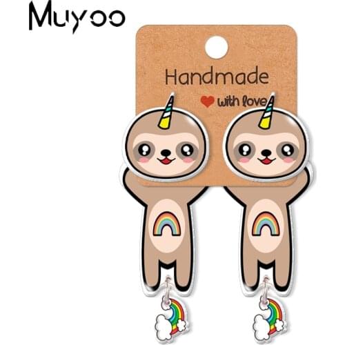 New Arrival Kawaii Lazy Sloth Loves Rainbow Unicorn Cosplay Epoxy Acrylic Resin Stud Earrings for Girls