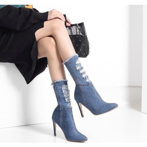 Autumn Winter 2021 Plus Size Pointed Toe Ladies Short Boots Womens Ripped Cowboy Stiletto High Heel Mid-tube Boots Woman Shoes