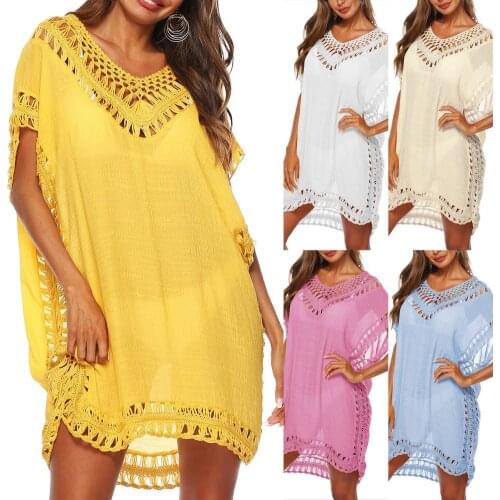 Loose Sexy Bikini Cover Up Lace Hollow Crochet Swimsuit Cover-Ups Bikini Cover Up Women Bat Hollow Out V Neck Cover Up Dress Sex