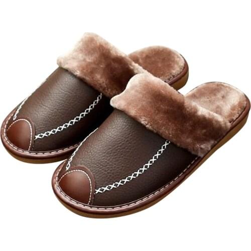 Newly Women Men Indoor Slippers Shoes Winter Warm Plush Lining Inner Unisex Slippers PU Leather Upper Men Women Shoes