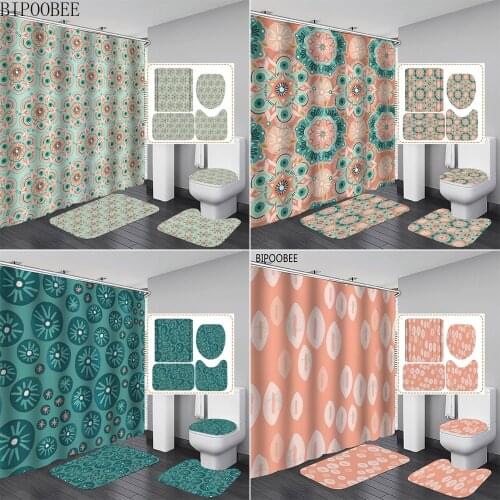Bohemian Fabric Shower Curtain Set Bath Mats Rugs Floor Rug Flannel Toilet Seat Cover Mat Waterpoof Bathroom Curtains with Hooks