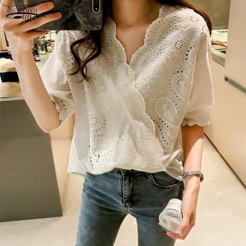 Korean Crochet Hollow Out Lace Woman Shirt Plus Size 4XL Short Sleeve Summer Tops V-neck Loose Ladies White Women Blouses 14090