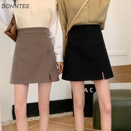 Skirts Women Friends Summer New Korean Style High Waist Fashion Side-slit A-Line Mini Ladies Solid Students Leisure Party Daily