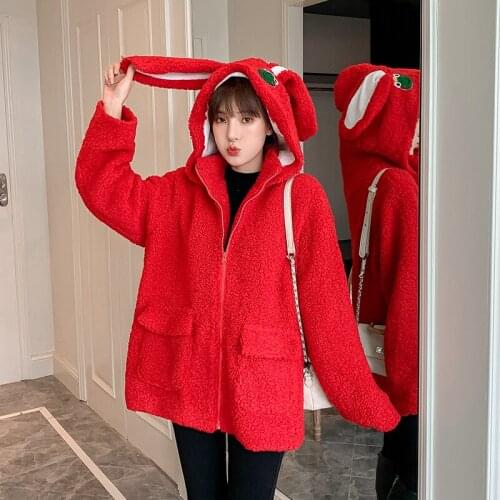 Women Lambs Fleece Coats Jackets Cute Sweet Hooded Cartoon Long Rabbit Ears Coats Autumn Winter Female Oversized Zipped Jackets