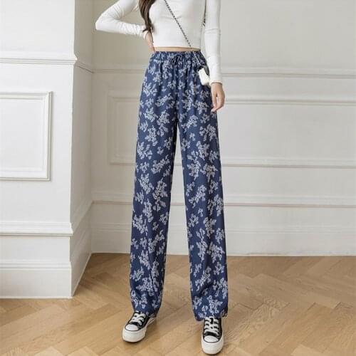 Large size floral wide-leg pants womens 2021 autumn and winter new high-waisted thin drape straight loose casual pants