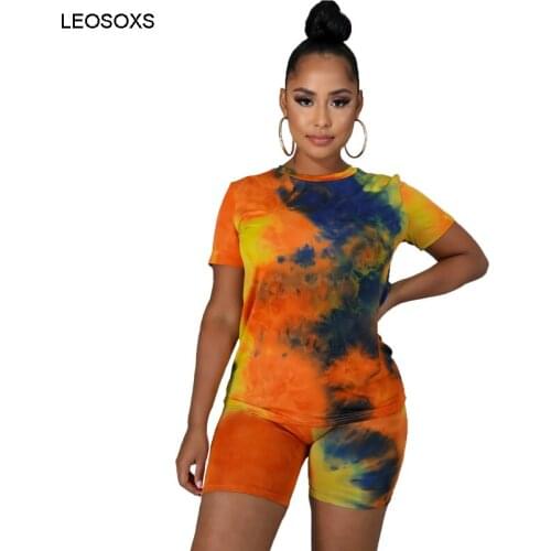 Summer Large Size Womens Clothing Tie Dyed Round Neck Leisure Fashion Home Sports Cotton Suit Casual Two Piece Set