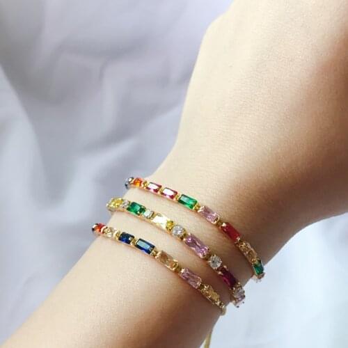 Womens Fashion Gold filled Rainbow Gold/ Color Adjustable Tennis Chain AAA Cubic Zirconia CZ Rhinestone Bracelet Bangle