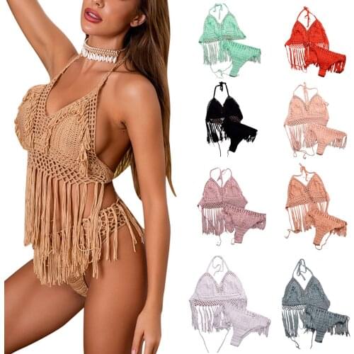 Women Sexy Bikini Set Fashion Ladies Hollow Out Crochet Kintted Tassels Halter Bra Tops+Panty Swimwear Swimsuits Bathing Suit