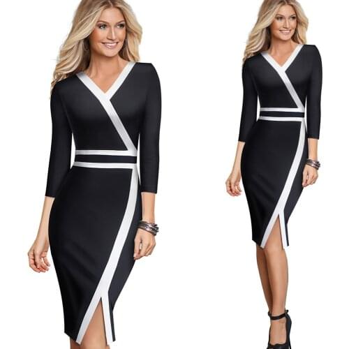 Autumn Women Vintage Patchwork Office Work Three Quarter Sleeve Elegant Dress Fashion Sexy V Neck High Waist Party Dress Vestido