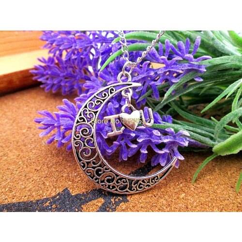 12pcs/lot Women Fashion Harajuku necklace, Crescent Moon necklace with I heart you charms