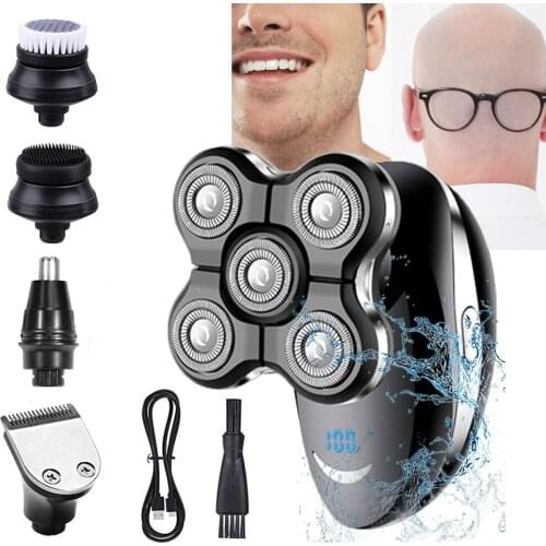 5In1 4D Mens Rechargeable Electric Bald Head Shaver 5 Hair Clipper 0mm Beard Nose Ear Hair Trimmer Razor Clipper Facial Brush
