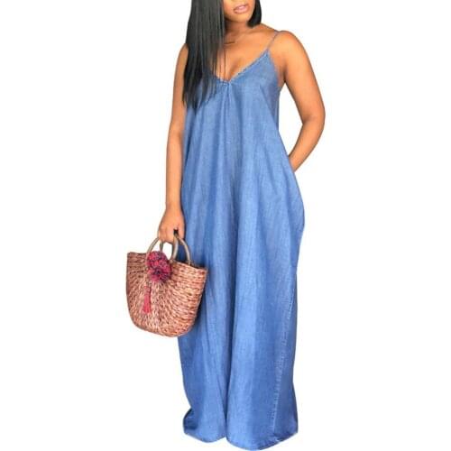 50%HOT Summer Women Casual Loose V Neck Backless Spaghetti Strap Jeans Denim Maxi Dress