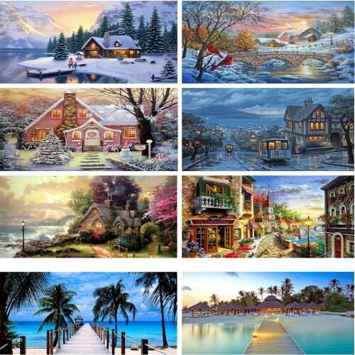 5D DIY Art Diamond Painting Wooden House and Town Pattern Diamond Mosaic Full Embroidery Cross Stitch Home Decoration Gift