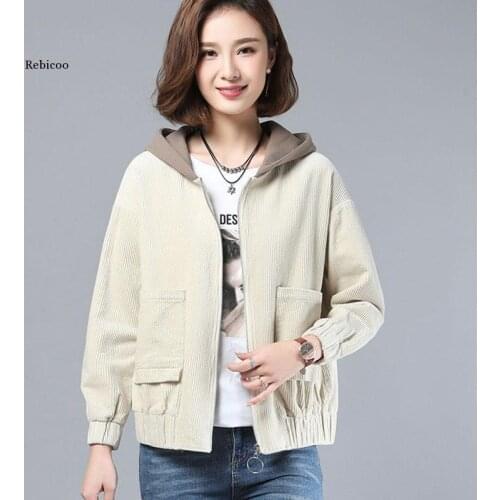 Large Size 4Xl Hooded Zipper Corduroy Jacket Women Spring Autumn Fashion Long Sleeve Short Coat Casual Loose Mother Clothes