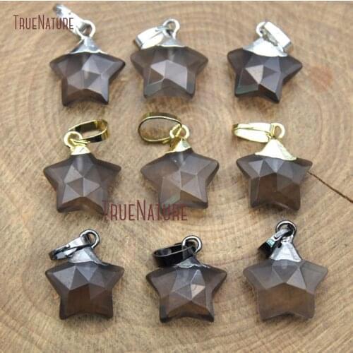 Pentagram Shape Smoky Quartzs Necklace Pendant Simple Design Faceted Stars Charm With Gold Silver Bail In 19*12 mm PM9872