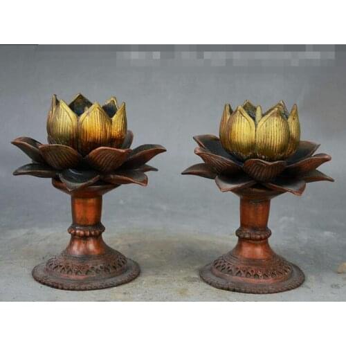 Folk China Dynasty Bronze Gilt Lotus Form Statue Candle Holder Candlestick Pair